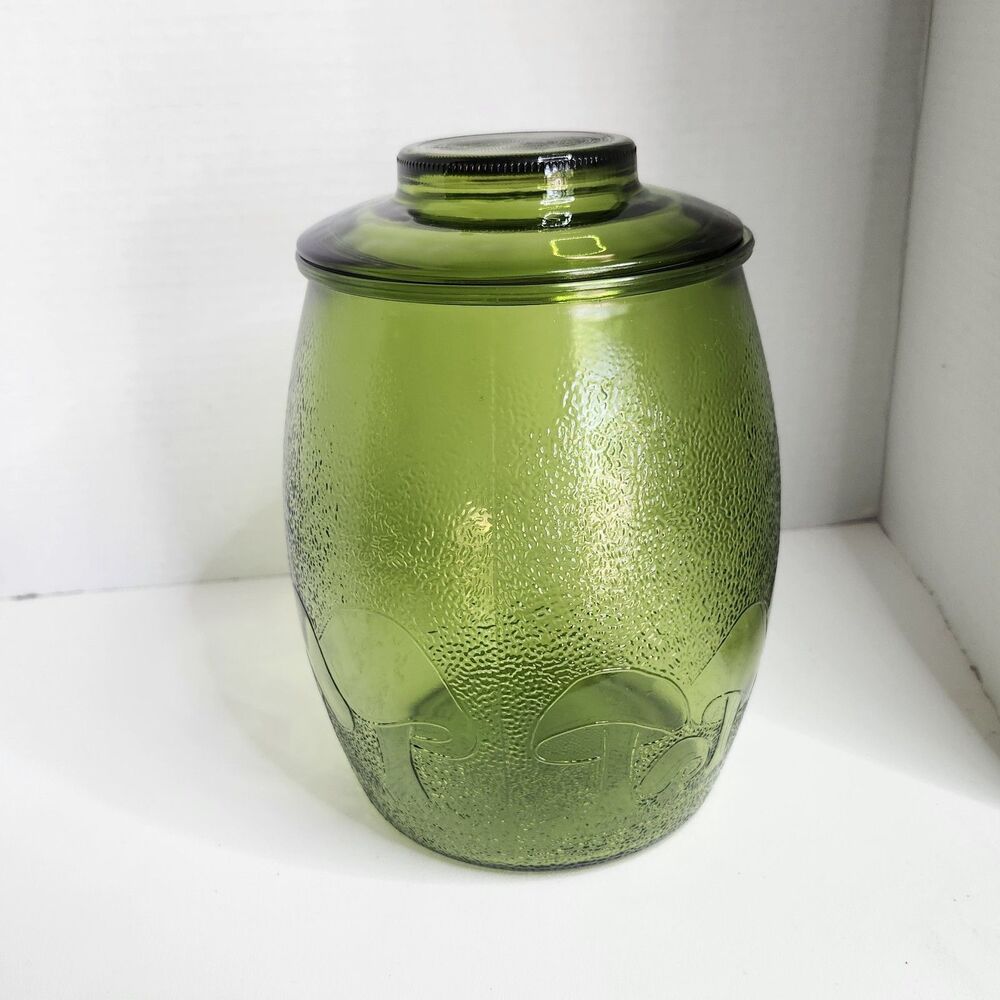 Vintage Bartlett Collins 70s Mushroom Green Glass Retro Canister with Lid